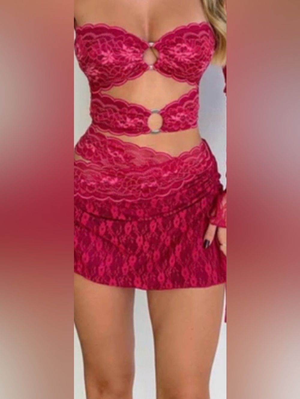 Outcast Miley Set Pink Red Lace Skirt Strapless Top Medium Large